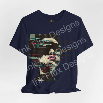 Fragmented Echo Cyberpunk T-Shirt featuring glitch portrait design on navy background for a futuristic look.