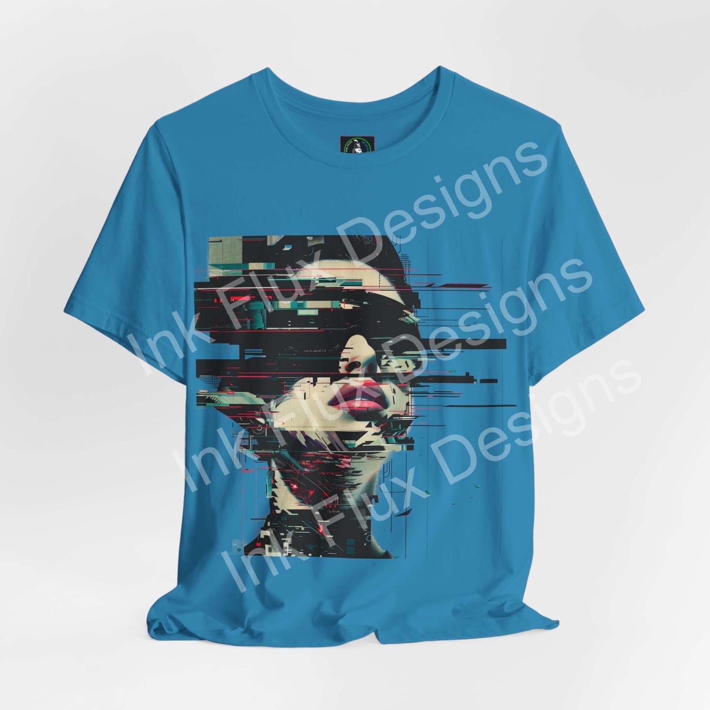Fragmented Echo Cyberpunk T-Shirt featuring a glitch portrait design on a blue background.