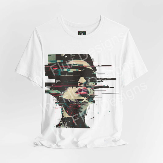 Cyberpunk T-Shirt featuring a glitch portrait design in vibrant colors and distorted layers.