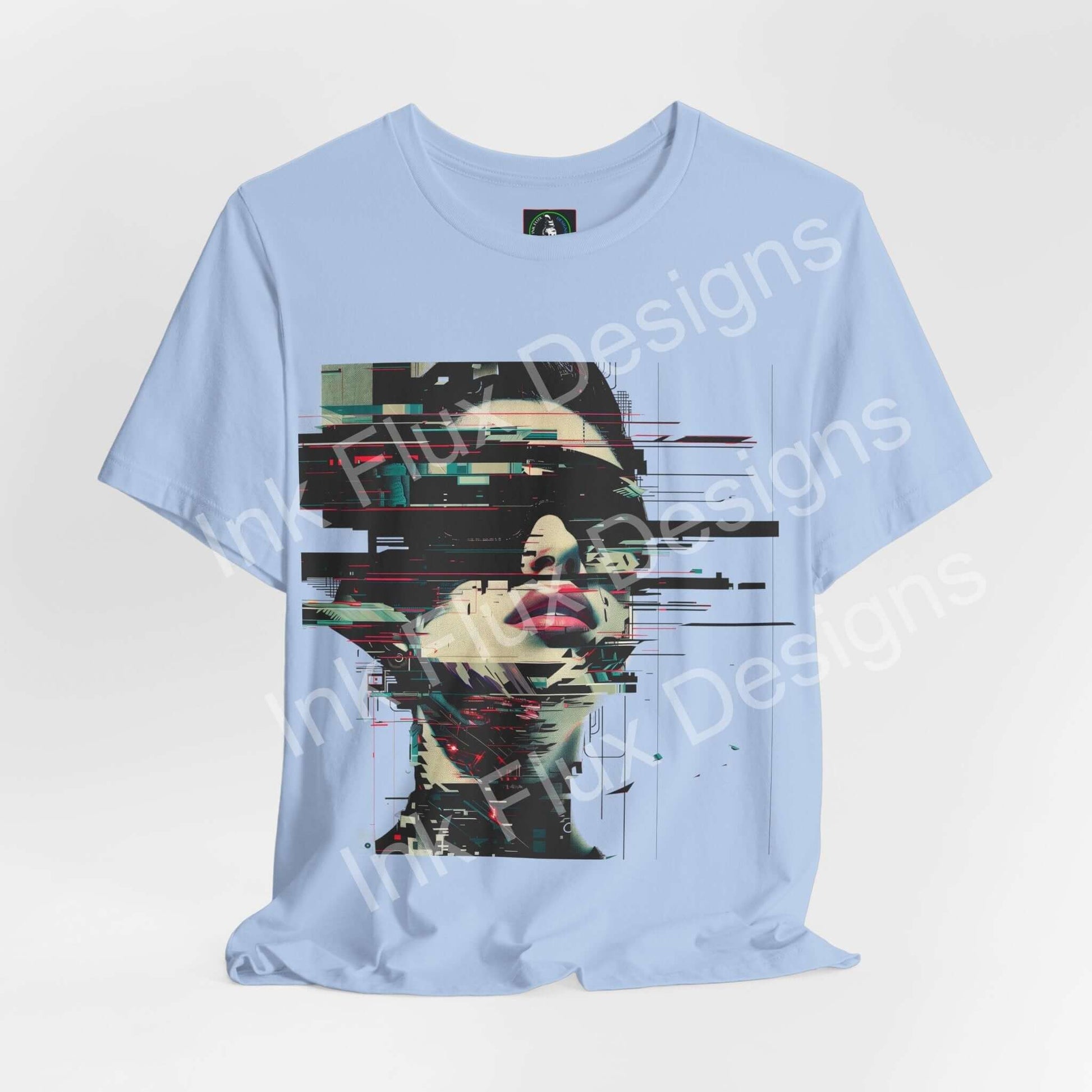 Fragmented Echo Cyberpunk T-Shirt featuring digital glitch effects and futuristic portrait design in vibrant colors.