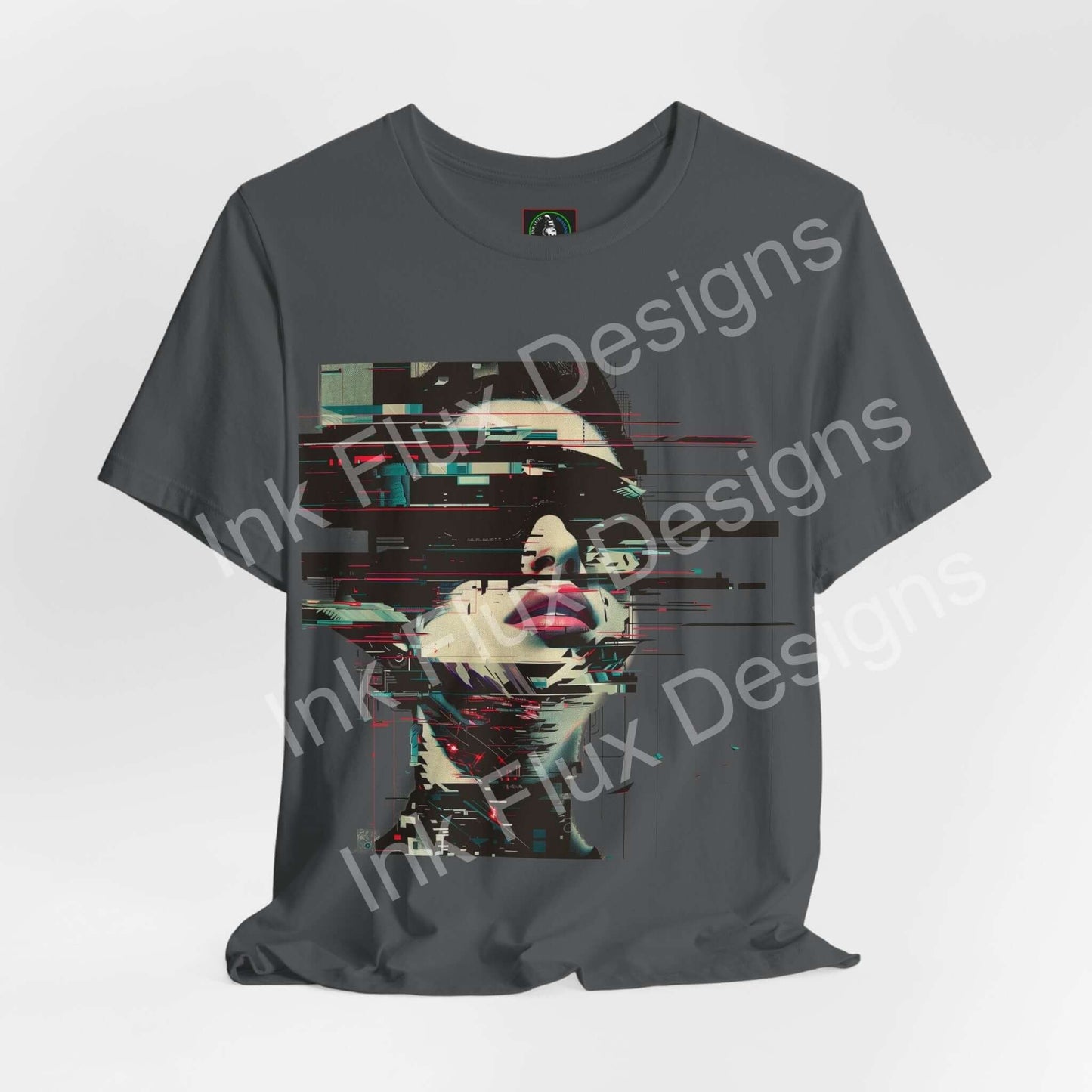 Cyberpunk T-Shirt featuring a futuristic graphic portrait with glitch effects and vibrant colors.