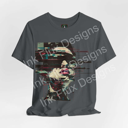Cyberpunk T-Shirt featuring a futuristic graphic portrait with glitch effects and vibrant colors.