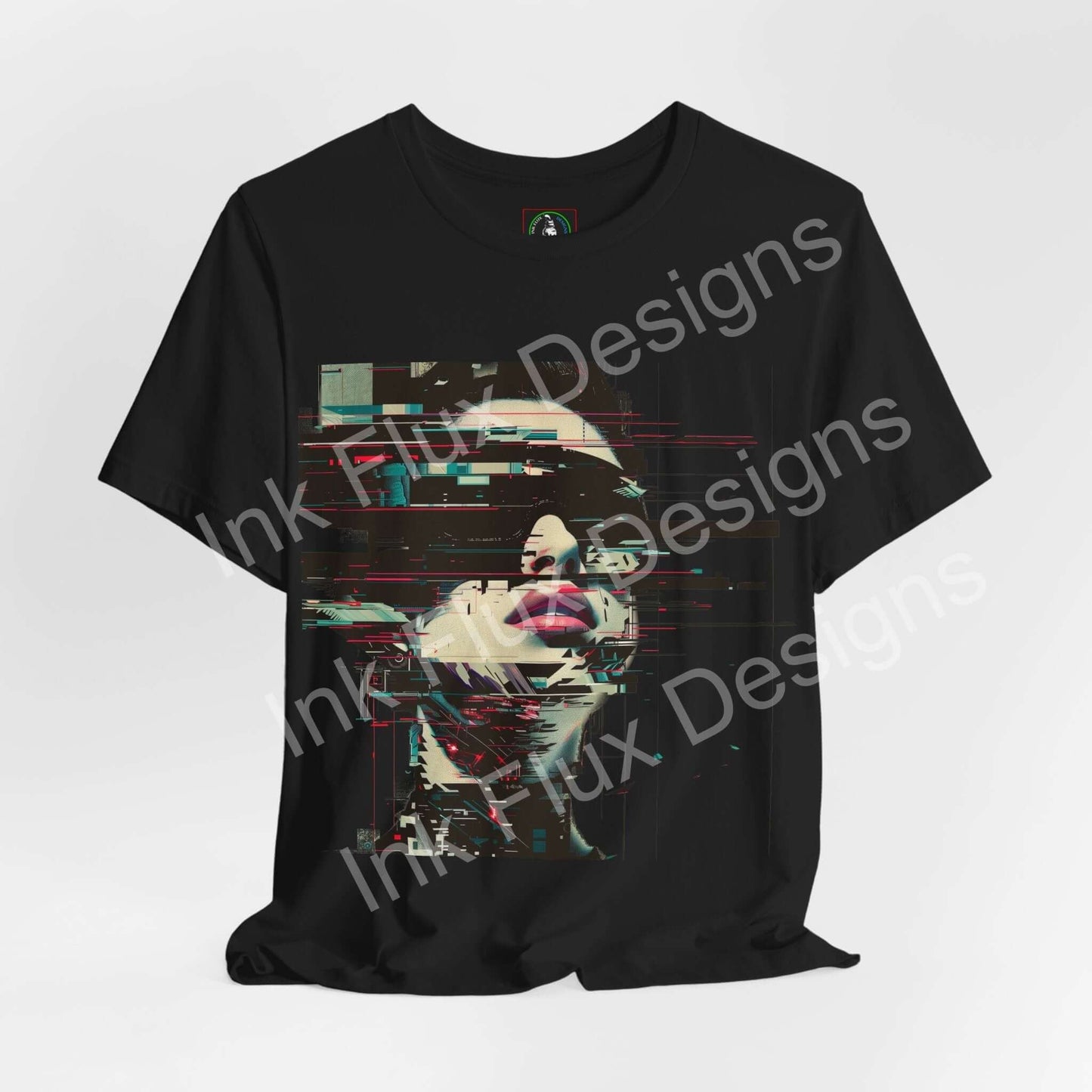Fragmented Echo Cyberpunk T-Shirt featuring glitch portrait design on black fabric.