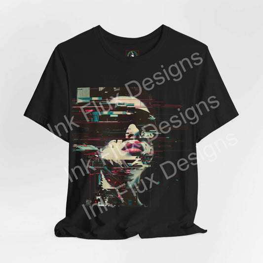 Fragmented Echo Cyberpunk T-Shirt featuring glitch portrait design on black fabric.
