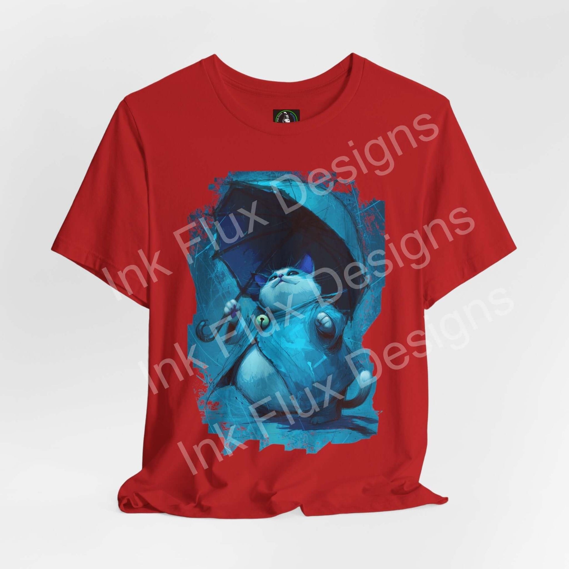 Funny Cat T-Shirt with a relaxed cat holding an umbrella on a red background, capturing calmness and humor.