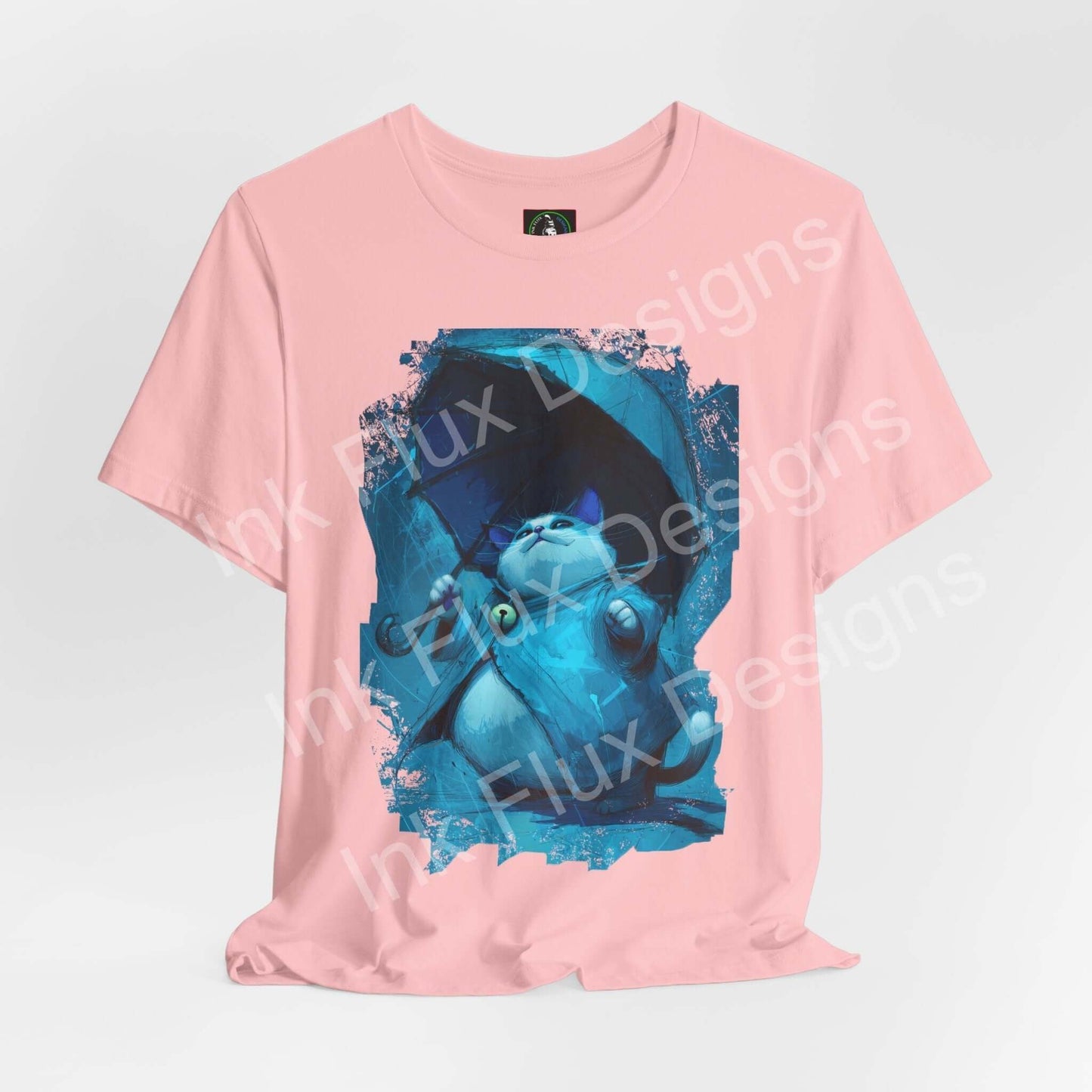 Funny Cat T-Shirt featuring a calm cat holding an umbrella on a pink tee, showcasing humor and confidence.