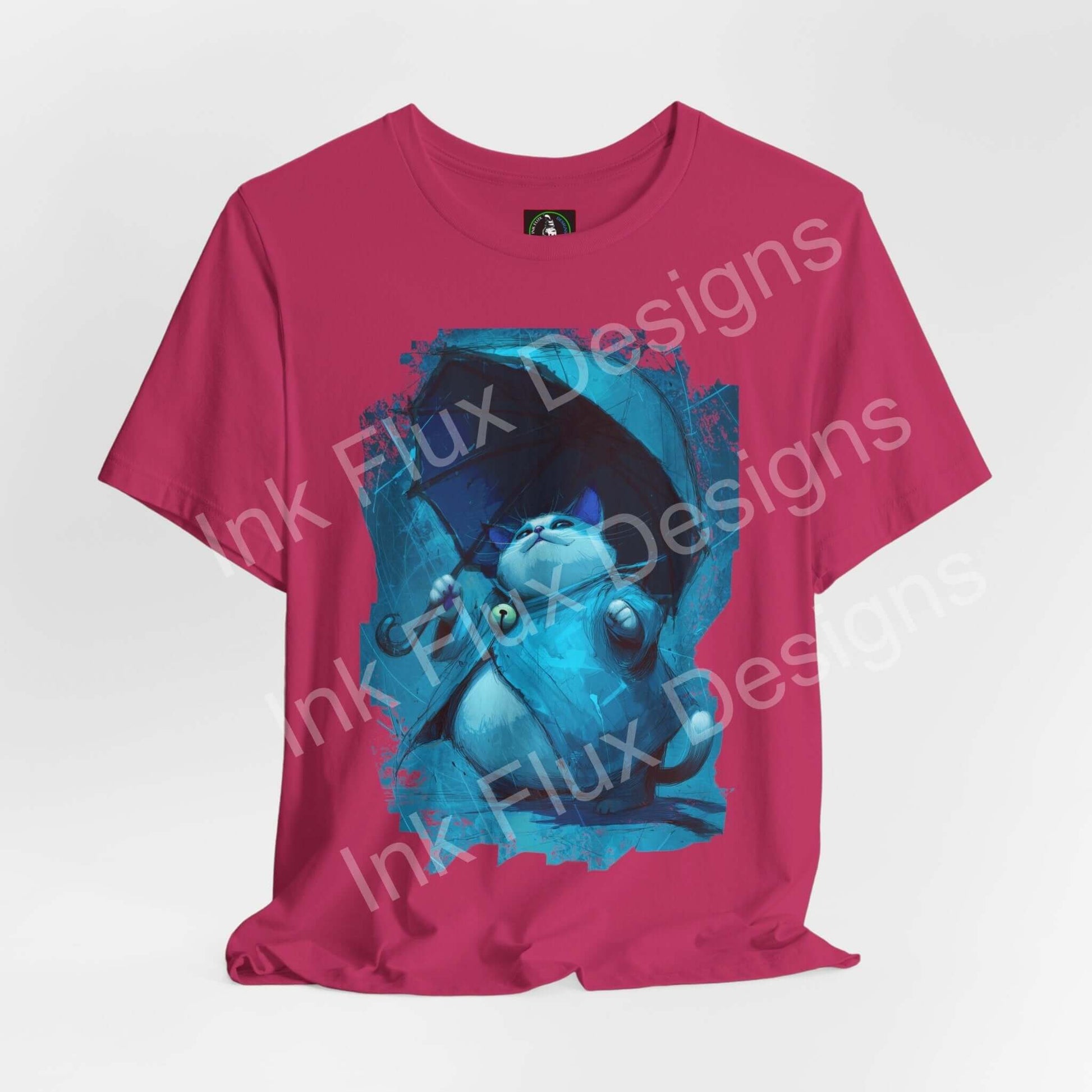 Funny Cat T-Shirt featuring a calm cat with an umbrella, showcasing humor and confidence in a vibrant design.