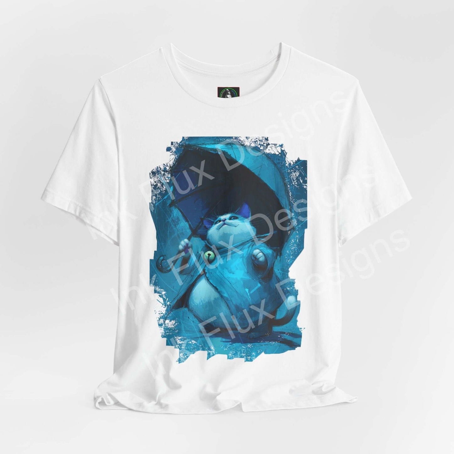 Funny Cat T-Shirt featuring a relaxed cat with an umbrella, embodying calmness in chaos.