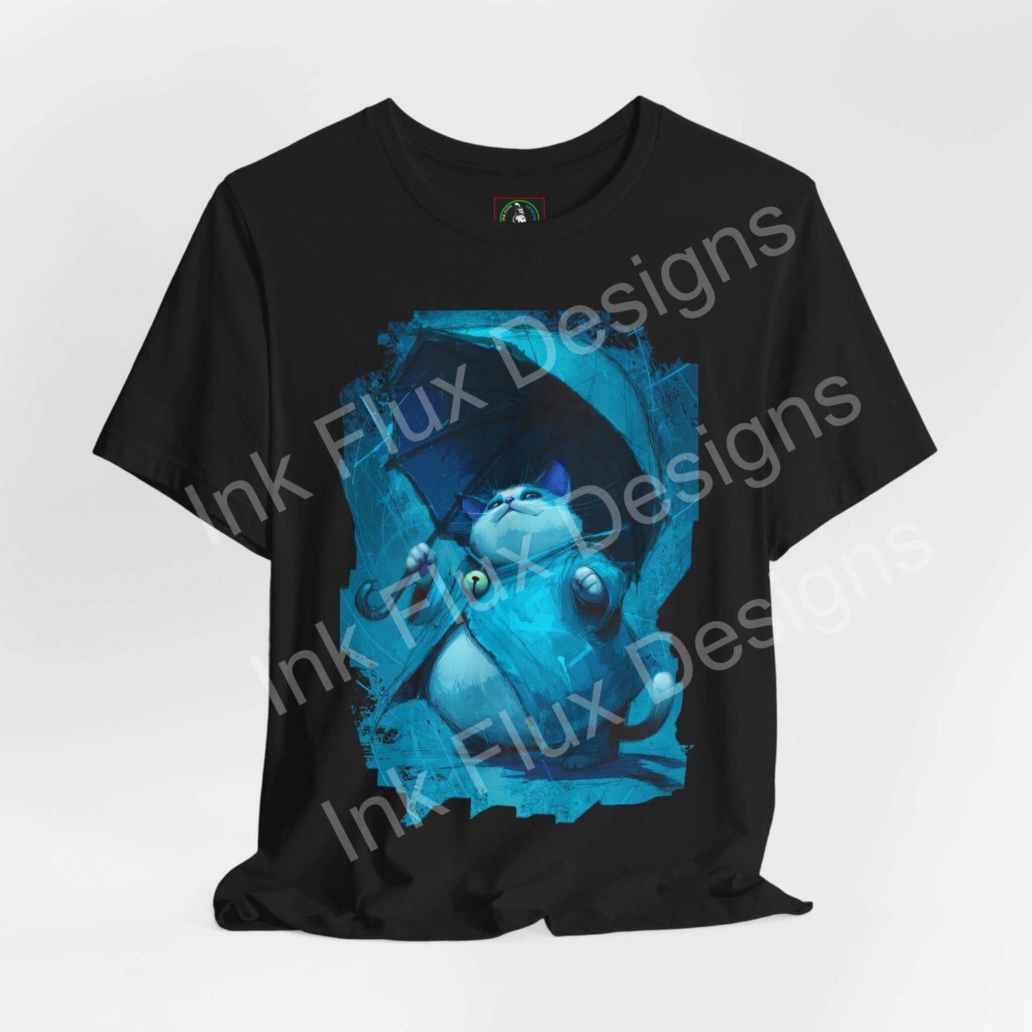 Funny Cat T-Shirt featuring a confident cat with an umbrella in a calming storm design on a black tee.