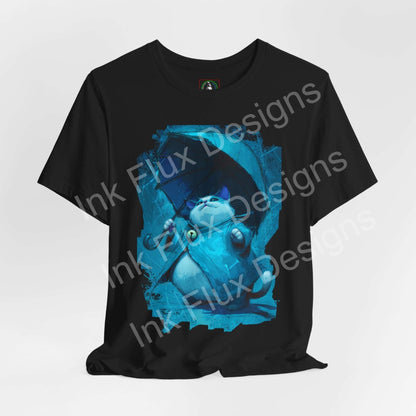 Funny Cat T-Shirt featuring a confident cat with an umbrella in a calming storm design on a black tee.