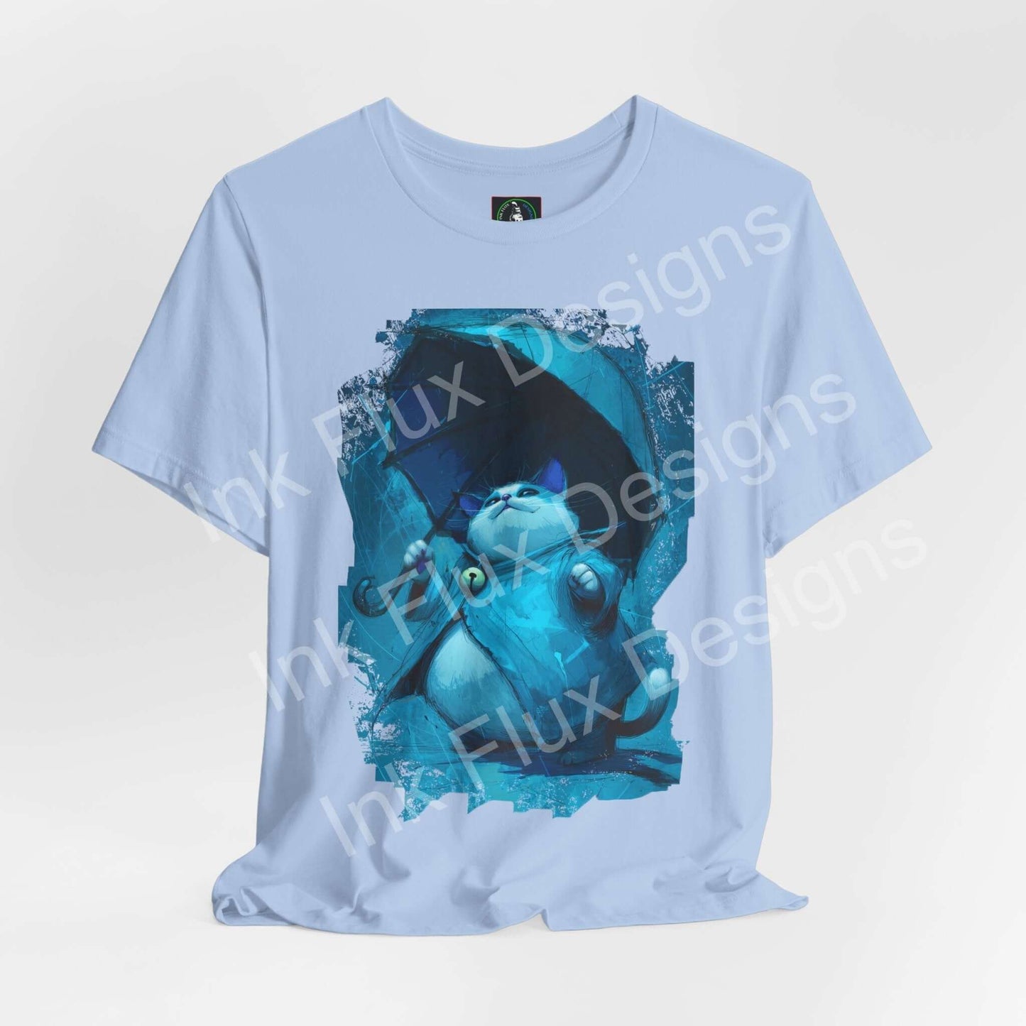 Funny Cat T-Shirt with a charming cat holding an umbrella in a calming blue design.