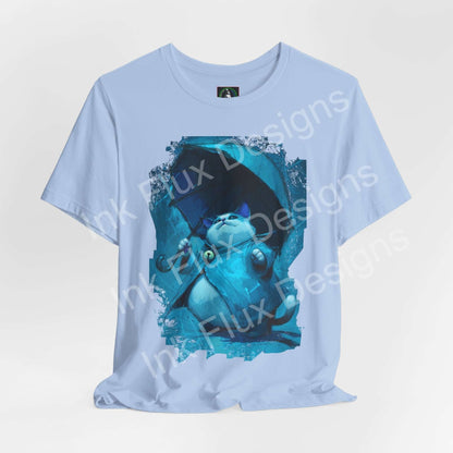 Funny Cat T-Shirt with a charming cat holding an umbrella in a calming blue design.