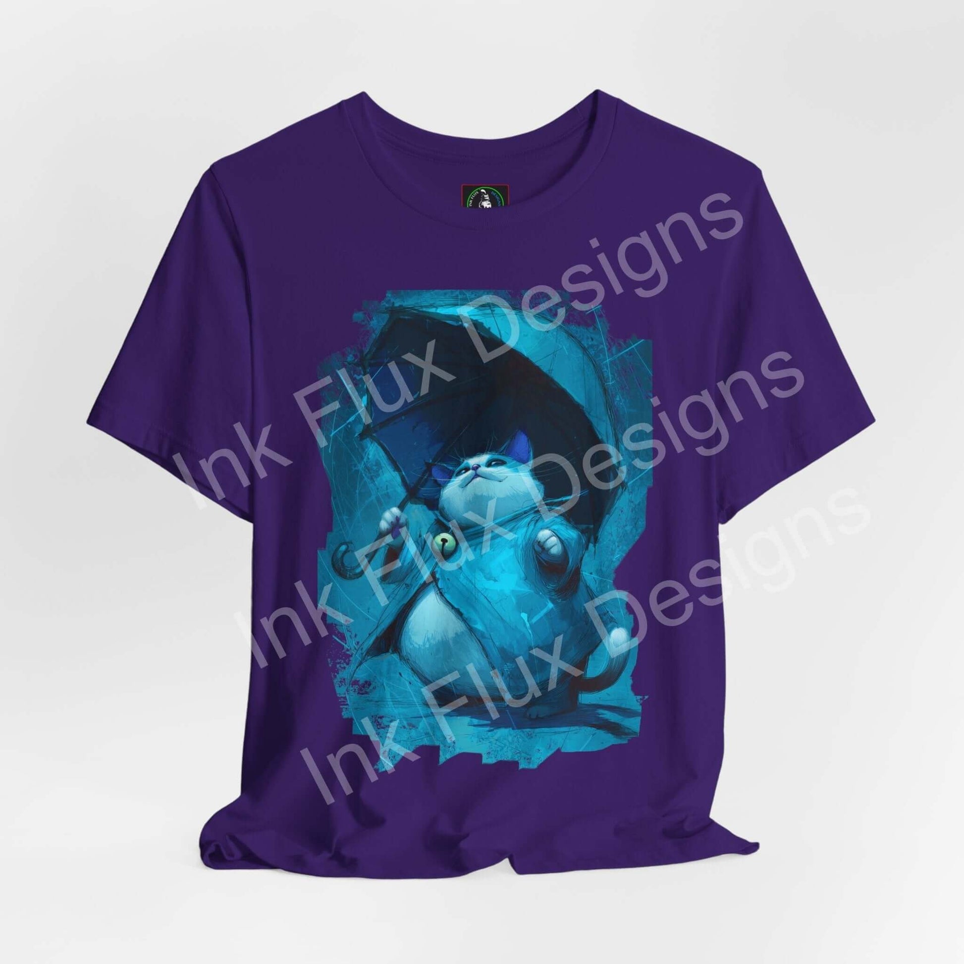 Funny Cat T-Shirt with a charming cat holding an umbrella in a calming blue graphic design.