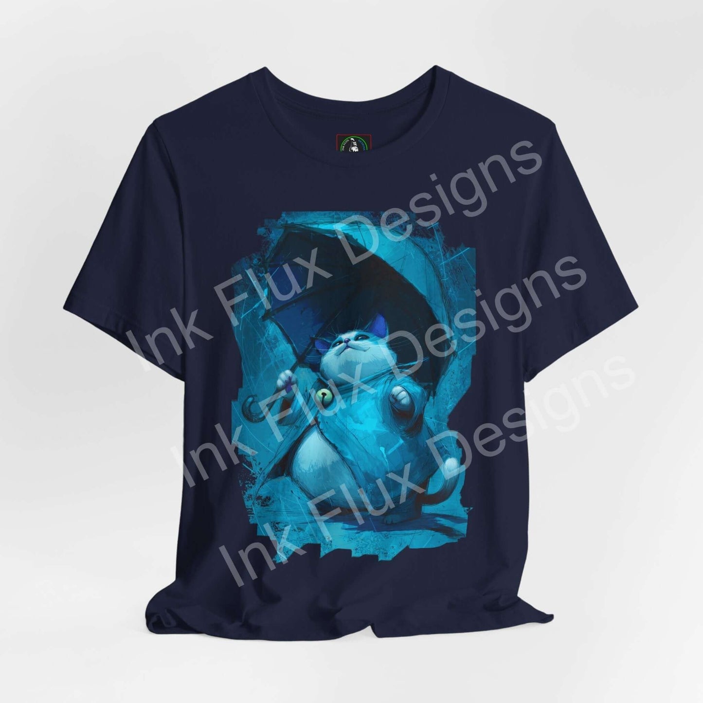 Funny Cat T-Shirt featuring a cute cat holding an umbrella in a calm and humorous design on a navy background.