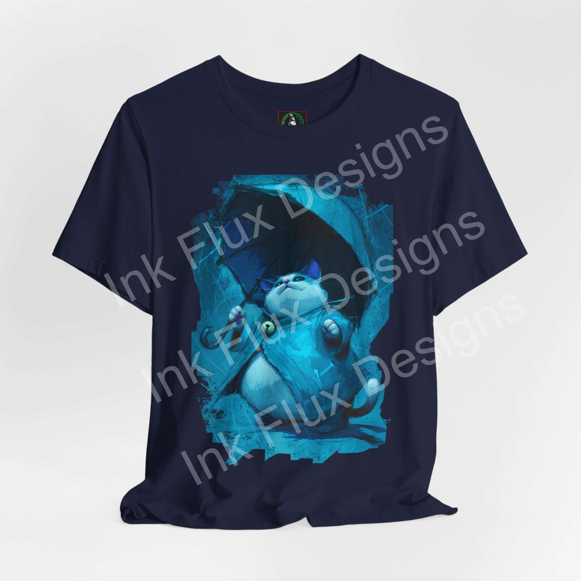 Funny Cat T-Shirt featuring a cute cat holding an umbrella in a calm and humorous design on a navy background.