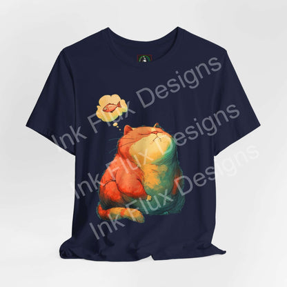Funny Cat T-Shirt featuring a chubby orange cat dreaming about fish in a colorful print.