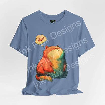 Funny Cat T-Shirt featuring a chubby orange cat dreaming of fish on a blue background.