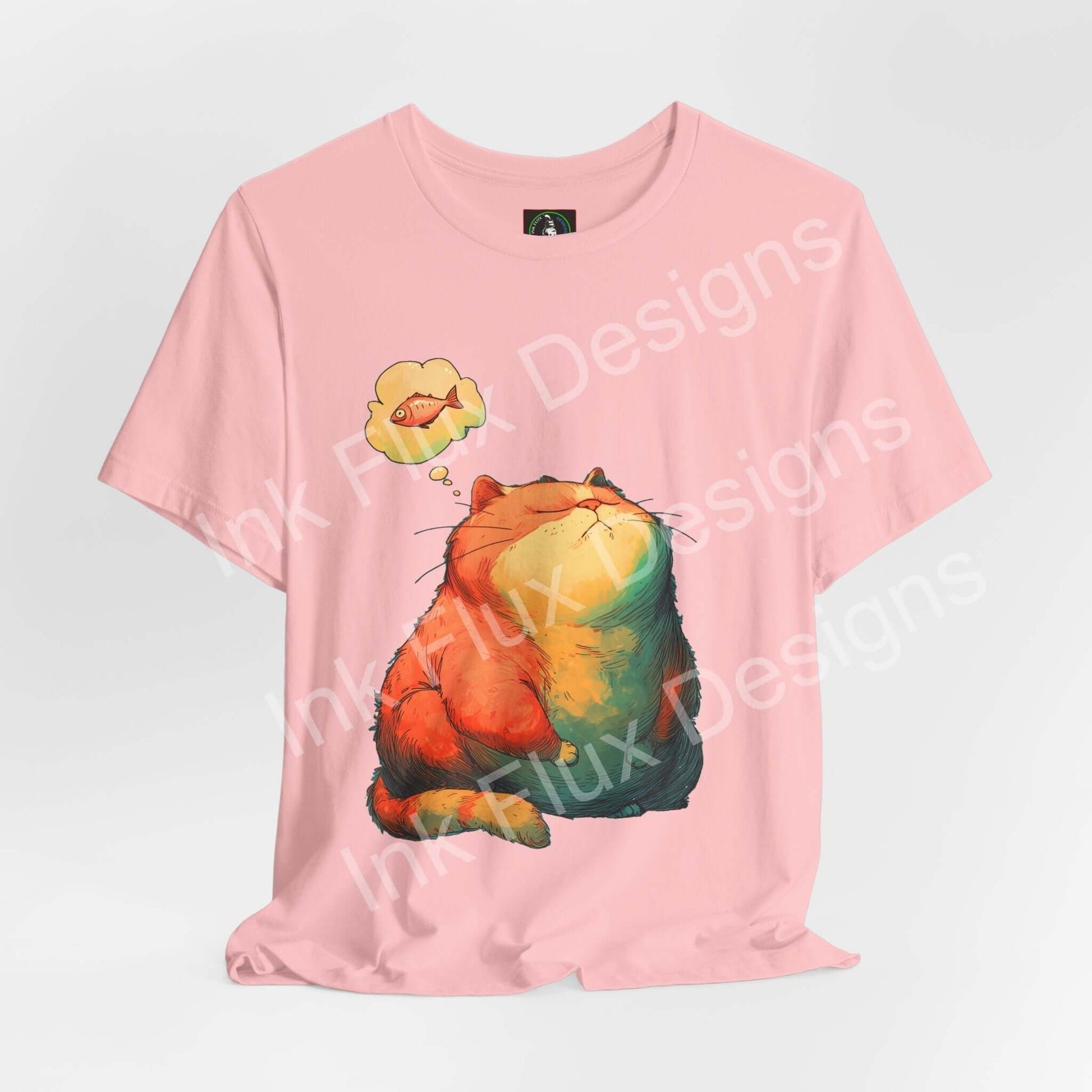 Funny Cat T-Shirt with chunky orange cat dreaming of fish on a pink background.