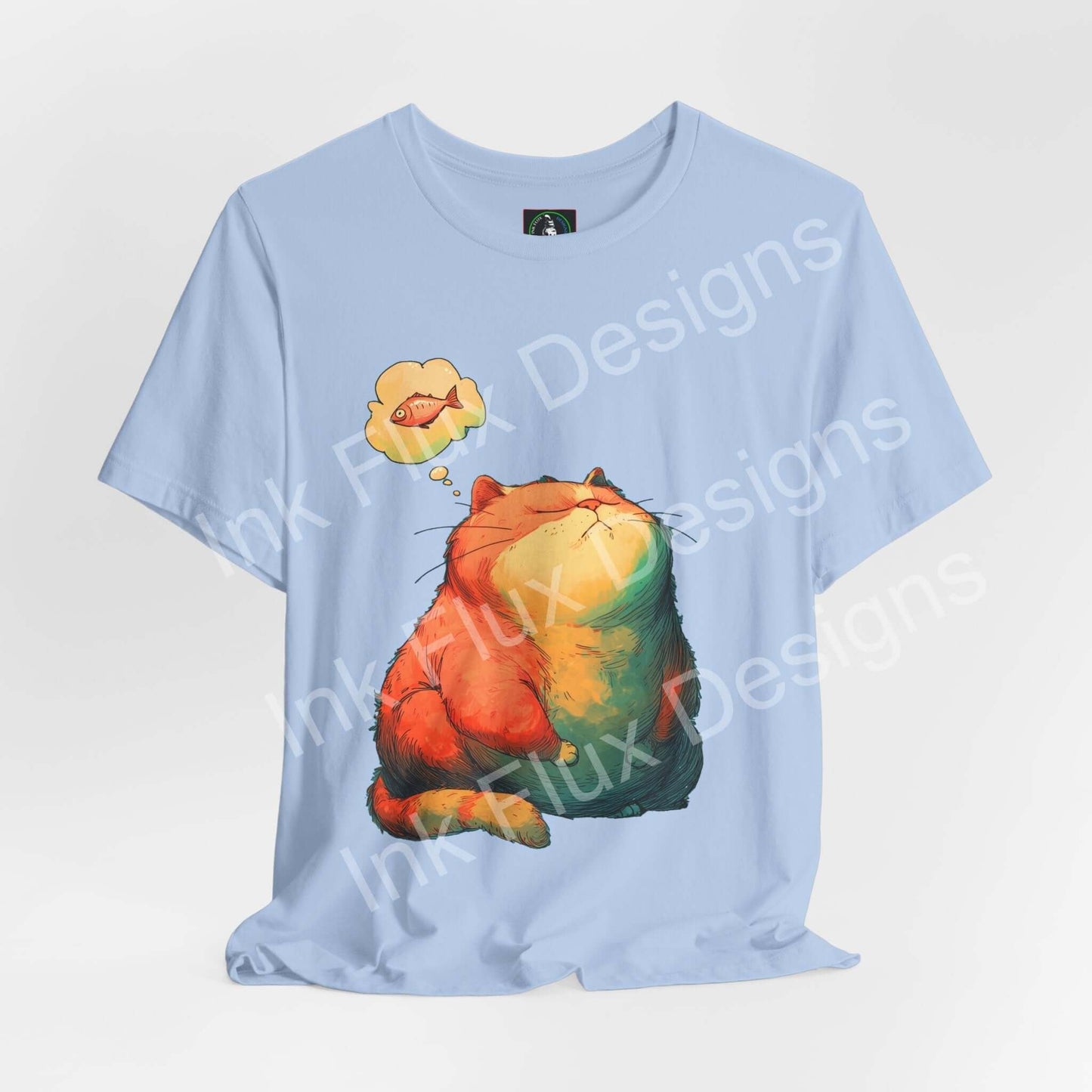 Funny Cat T-Shirt featuring a chubby orange cat dreaming of fish on a light blue background.