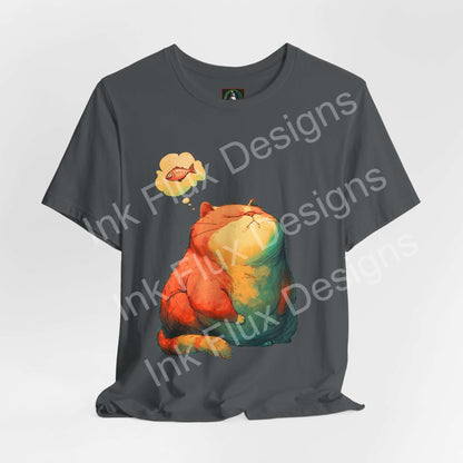 Funny Cat T-Shirt with a chubby orange cat dreaming of fish on a gray background.