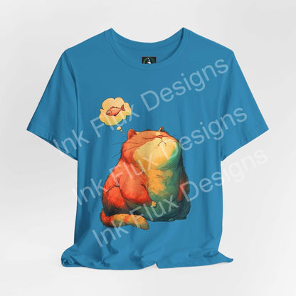 Funny Cat T-Shirt featuring a chubby orange cat dreaming of fish on a blue tee.