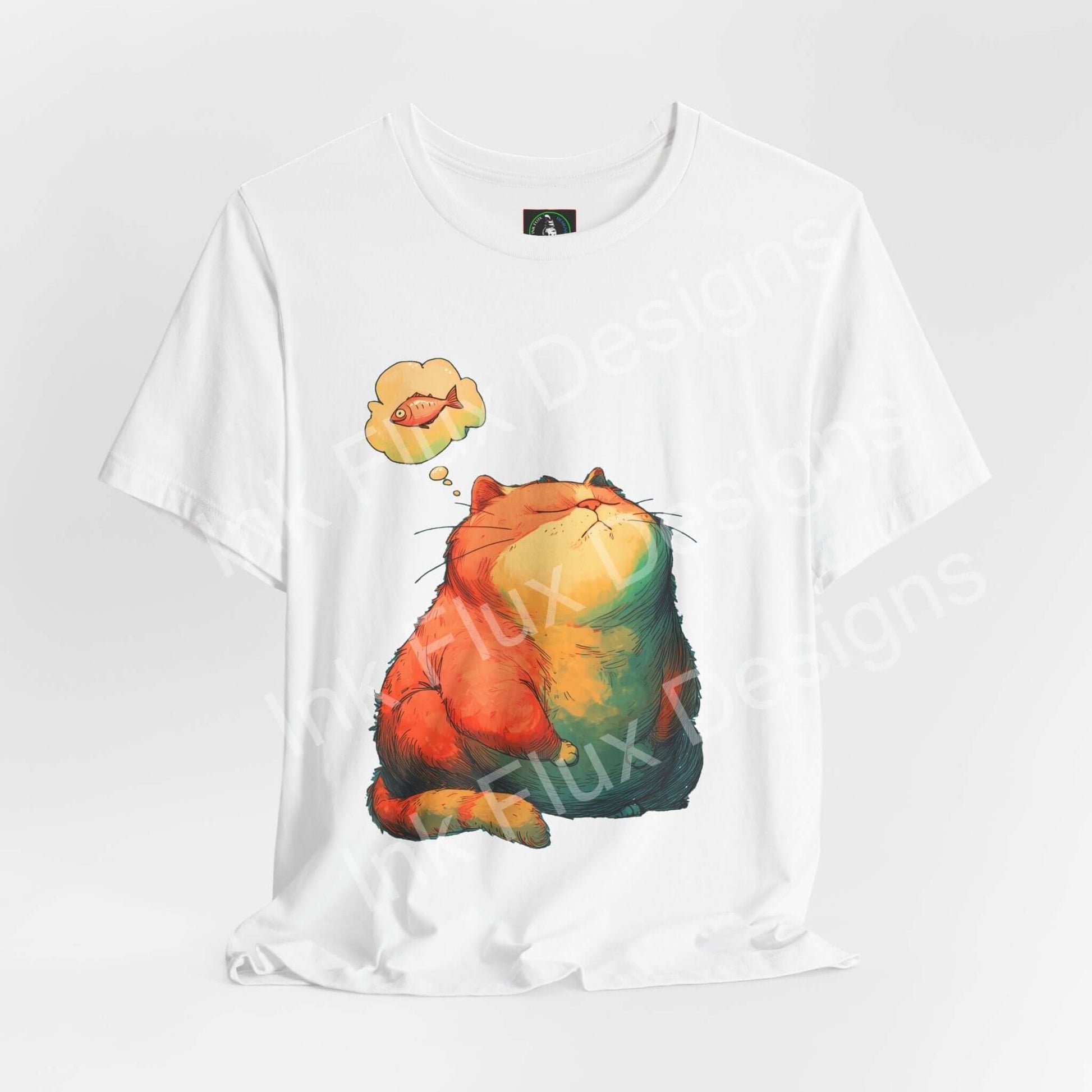 Funny Cat T-Shirt featuring a chubby orange cat dreaming of fish, playful and humorous graphic design.