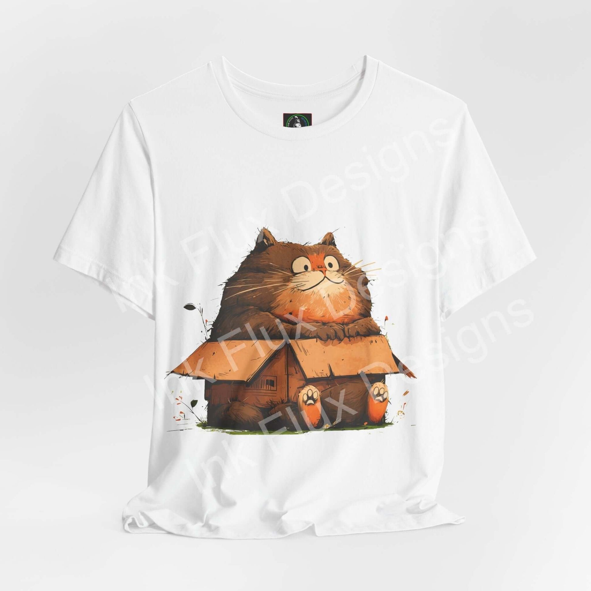 Funny Cat T-Shirt with a chunky cat sitting in a small box, showcasing playful cat humor and charm.