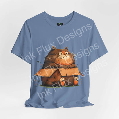 Funny Cat T-Shirt featuring a chunky cat sitting in a small box, showcasing its playful design and charm.