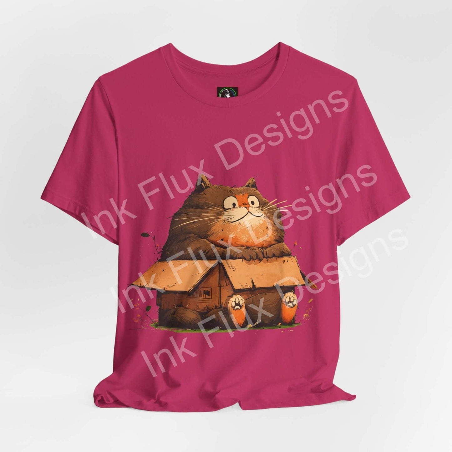 Funny Cat T-Shirt featuring a chunky cat sitting in a small box, playful and humorous design.