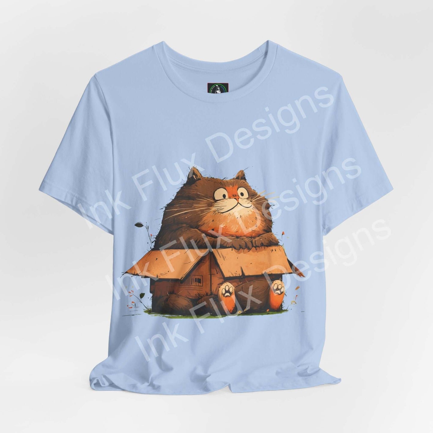 Funny Cat T-Shirt featuring a chunky cat sitting in a small box design on a blue background.