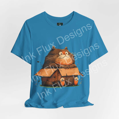 Funny Cat T-Shirt featuring a chunky cat sitting in a small box in a playful graphic design.