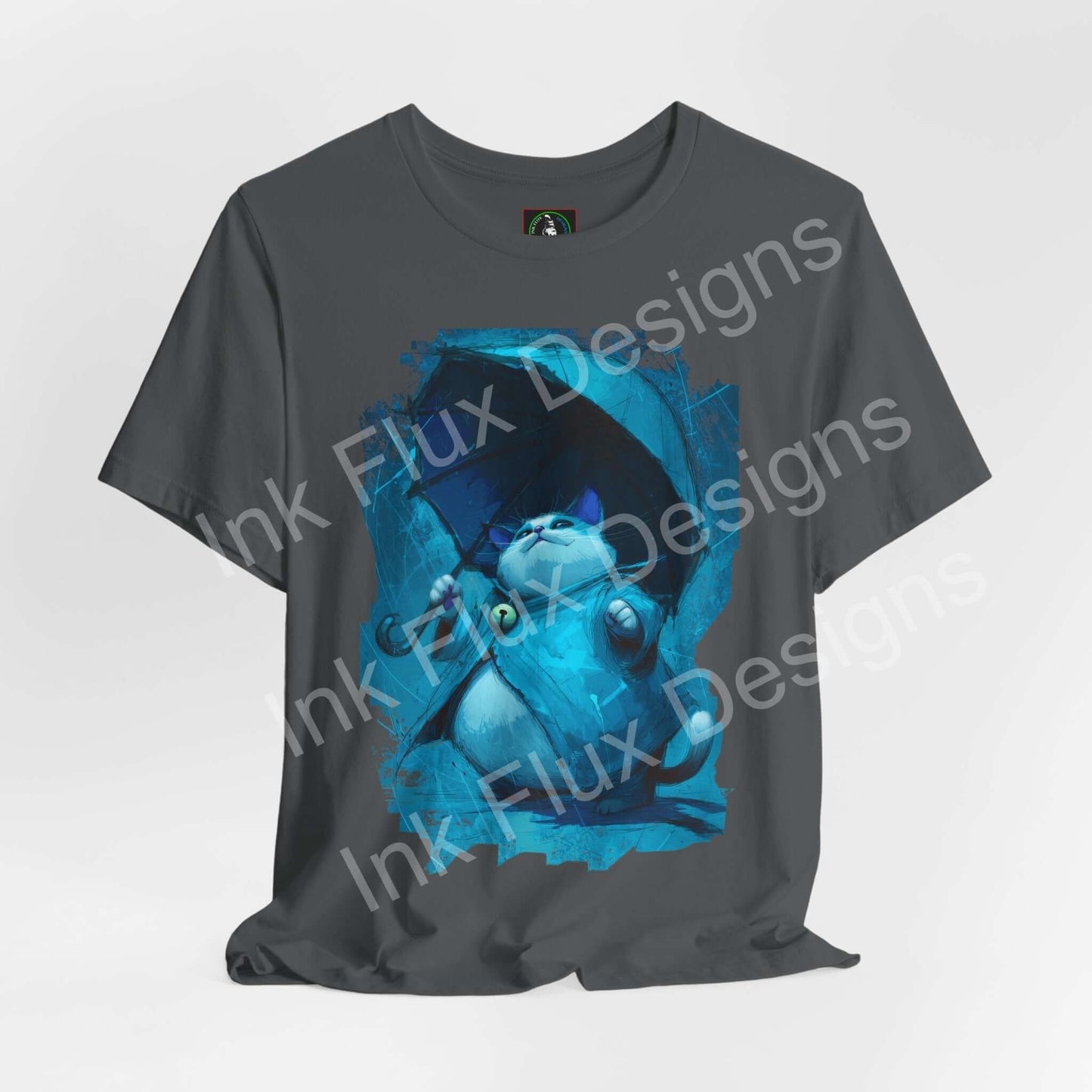Funny Cat T-Shirt featuring a blue cat holding an umbrella, showcasing calmness amidst chaos.