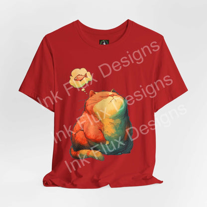 Funny Cat T-Shirt featuring a chubby orange cat dreaming of fish on a red background.