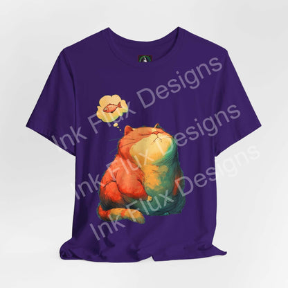 Funny Cat T-Shirt featuring a chubby orange cat dreaming of fish on a purple tee.
