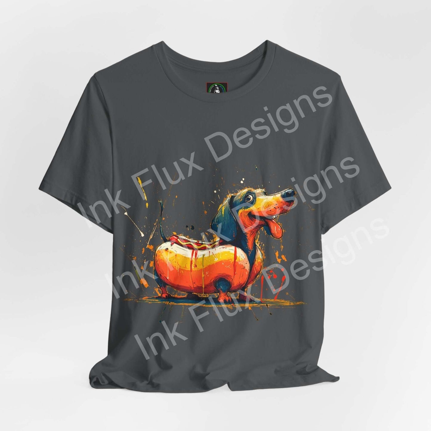Funny Dog T-Shirt featuring a dachshund styled as a hot dog on a gray tee, combining humor and art.