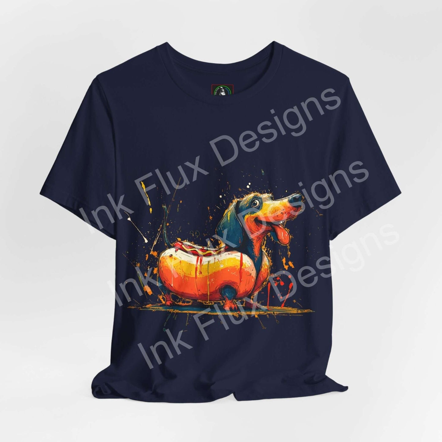 Funny Dog T-Shirt featuring a dachshund styled like a hot dog on a navy background.