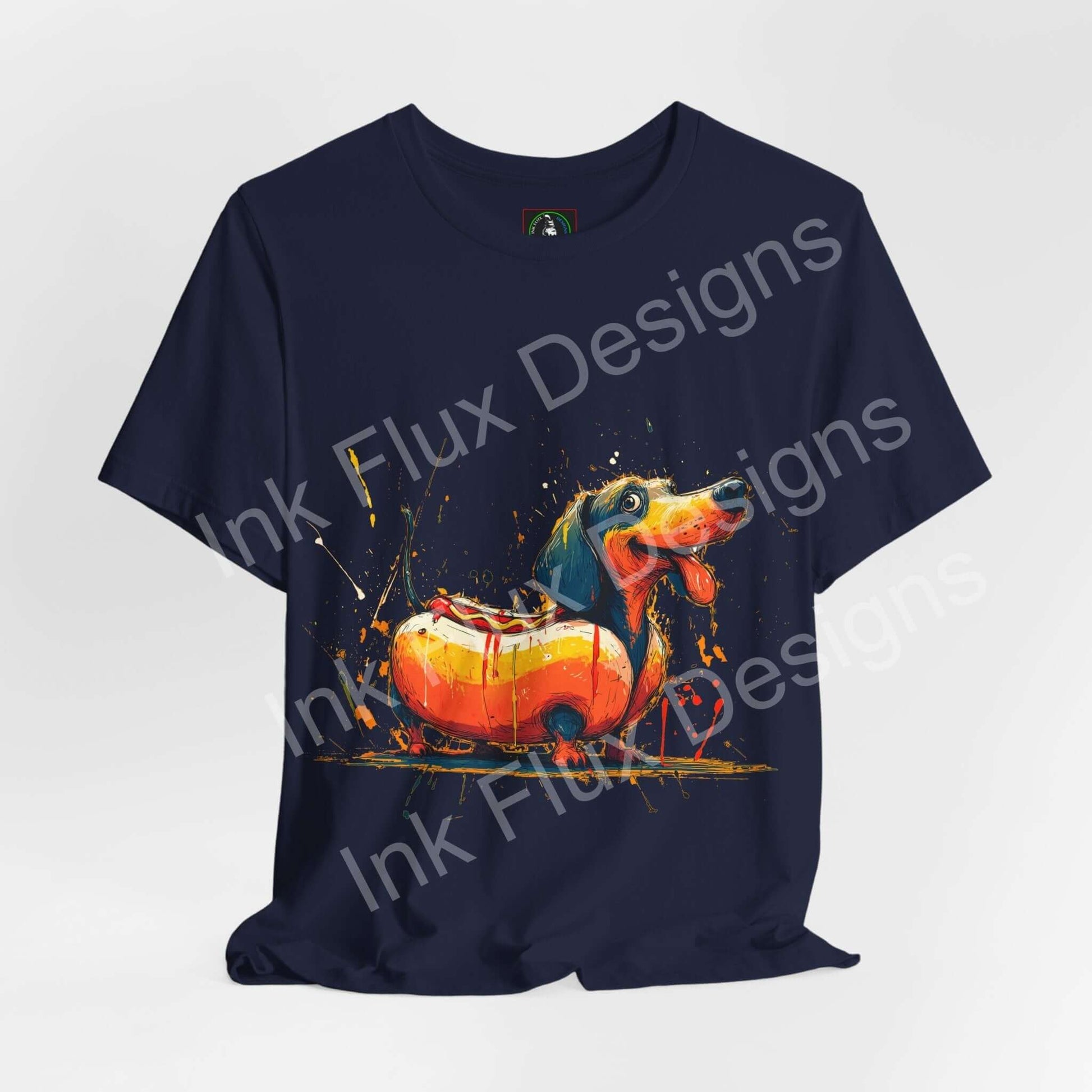 Funny Dog T-Shirt featuring a dachshund styled like a hot dog on a navy background.