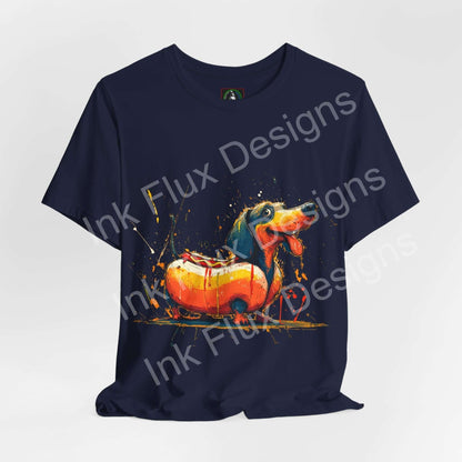 Funny Dog T-Shirt featuring a dachshund styled like a hot dog on a navy background.