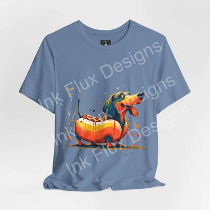 Funny Dog T-Shirt featuring a playful dachshund designed as a hot dog graphic on a blue shirt.