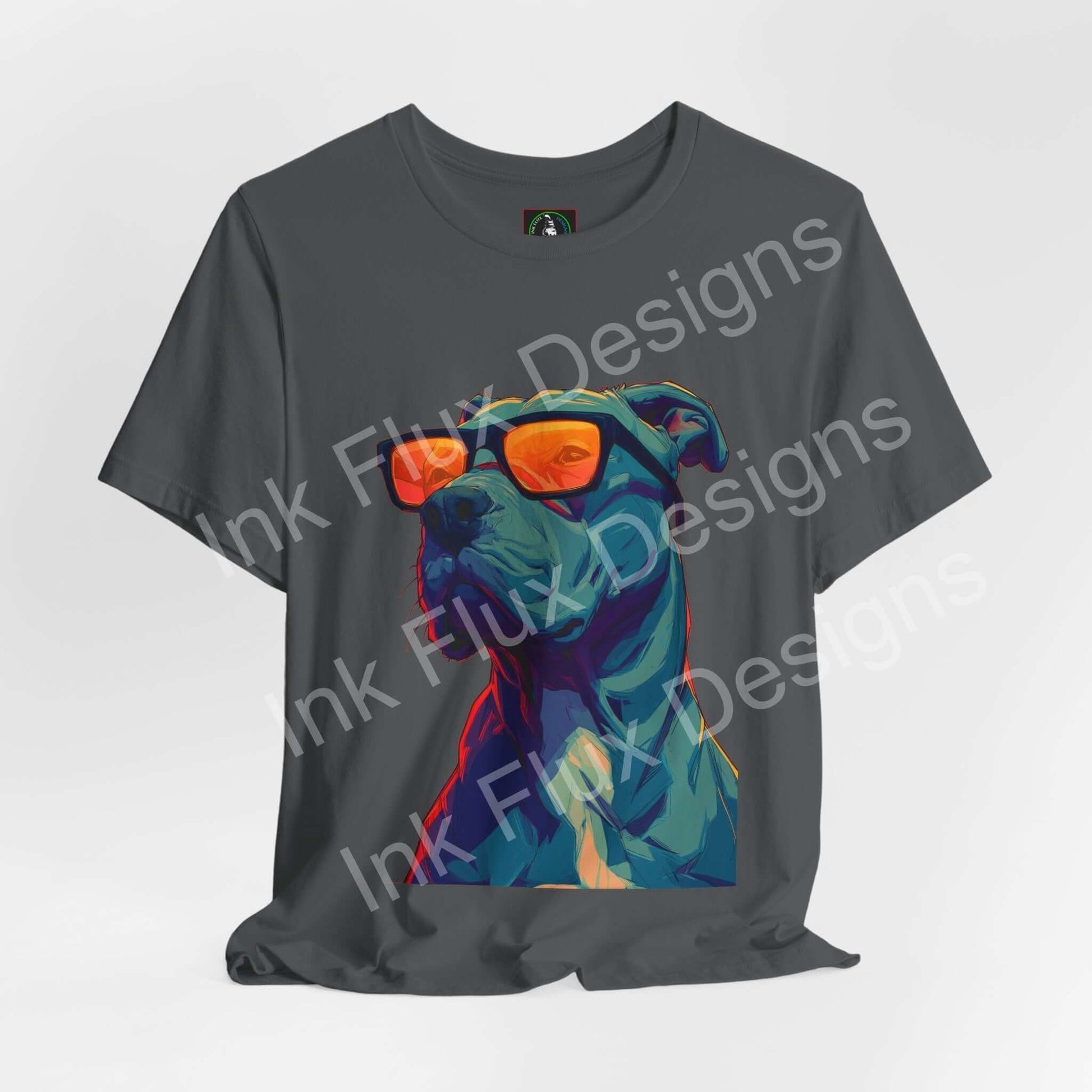 Dog T-Shirt featuring a stylish pitbull wearing vibrant sunglasses on a gray background.