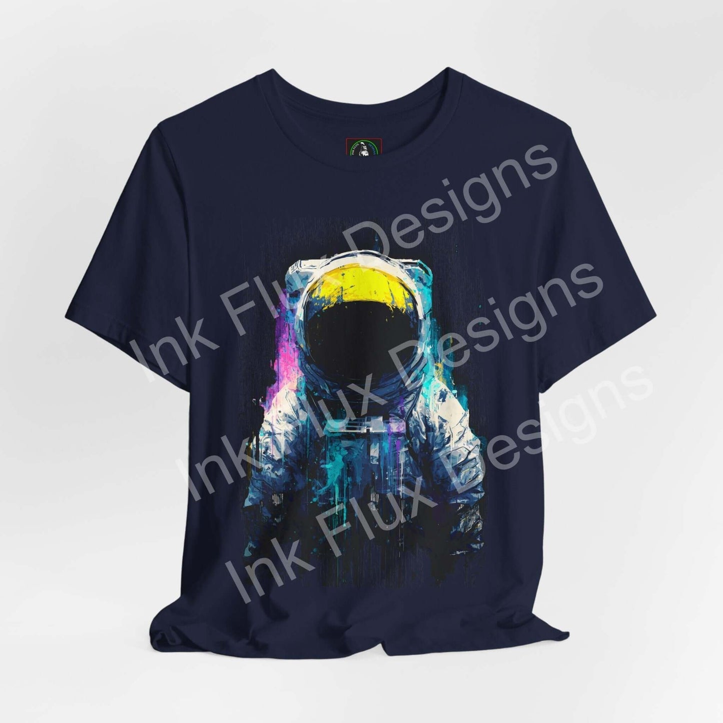 Graphic T-Shirt featuring a surreal astronaut design with vibrant colors and cosmic textures.
