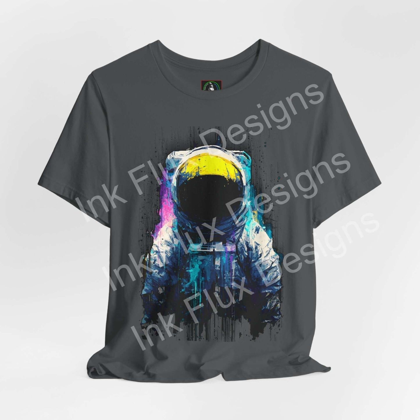 Graphic T-Shirt featuring a surreal astronaut design with vibrant cosmic colors and textures.