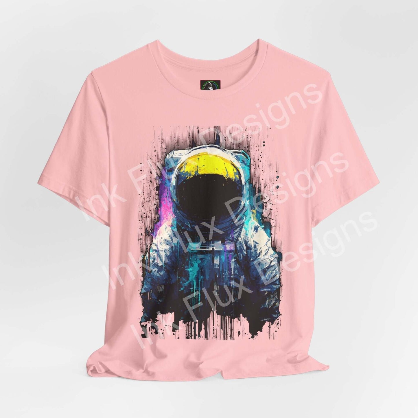 Graphic T-Shirt featuring a surreal astronaut design with vibrant colors and flowing textures.