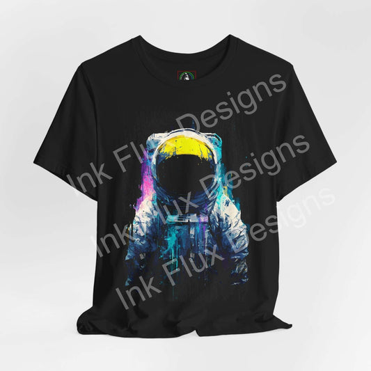 Graphic T-Shirt featuring a surreal astronaut design with vibrant cosmic colors and textures.