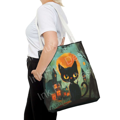 Halloween Tote Bag featuring black cat artwork and spooky Halloween imagery.