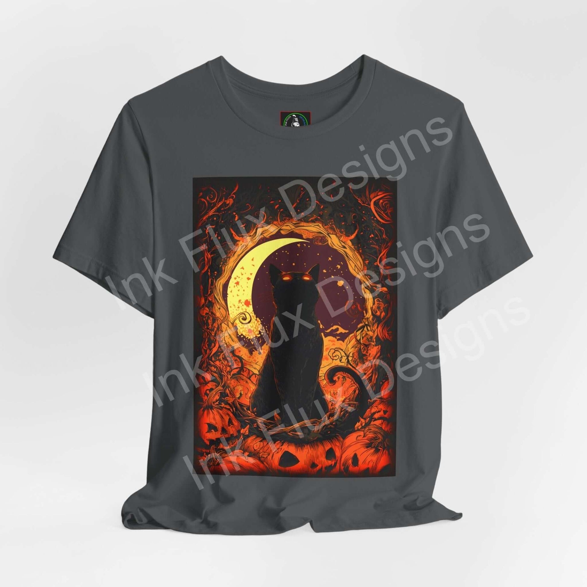 Black cat t-shirt featuring a mystical cat design with Halloween-themed visuals by Ink Flux Designs.