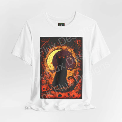 Black cat t-shirt featuring a mystical design with a cat silhouette and Halloween elements, perfect for seasonal style.
