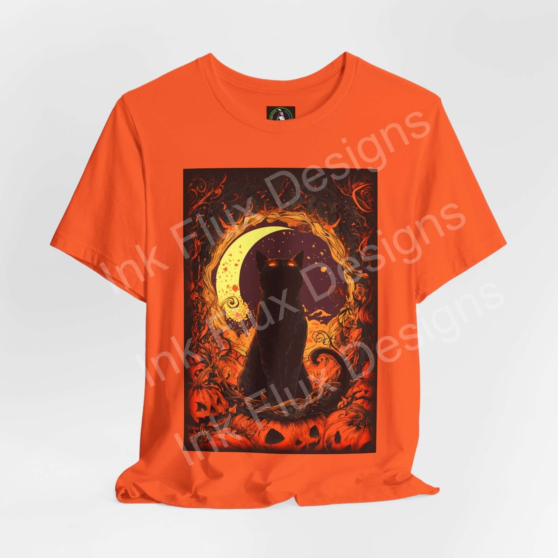 Black cat t-shirt featuring a mystical cat design against a fiery backdrop, perfect for Halloween and cat lovers.
