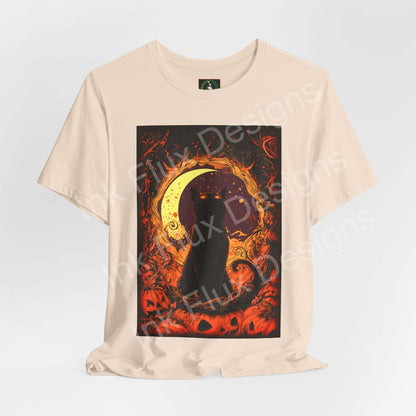 Black cat t-shirt featuring an artistic feline design with a moon and Halloween-themed background by Ink Flux Designs.