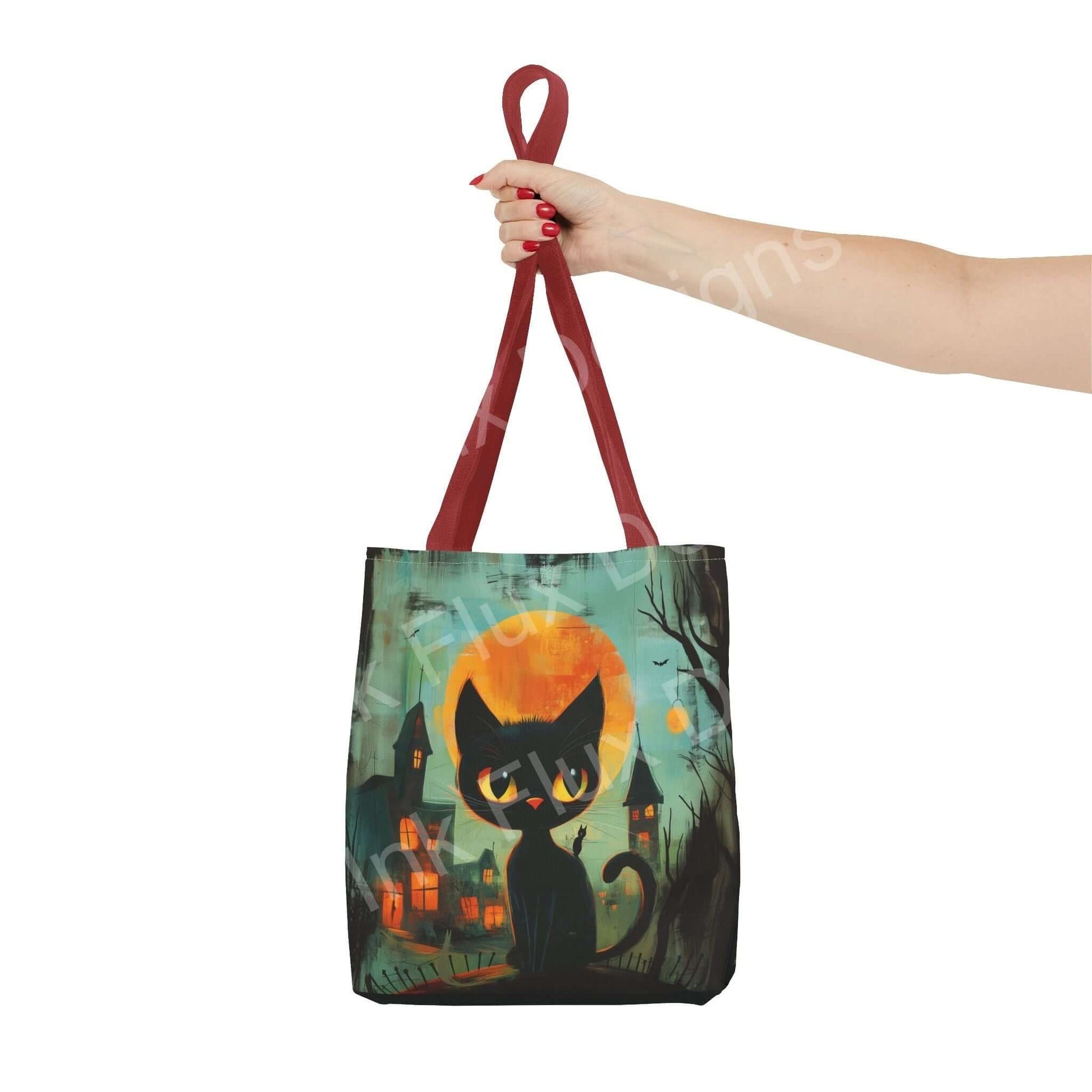 Halloween Tote Bag featuring a black cat design with a spooky moon backdrop, perfect for Halloween celebrations.